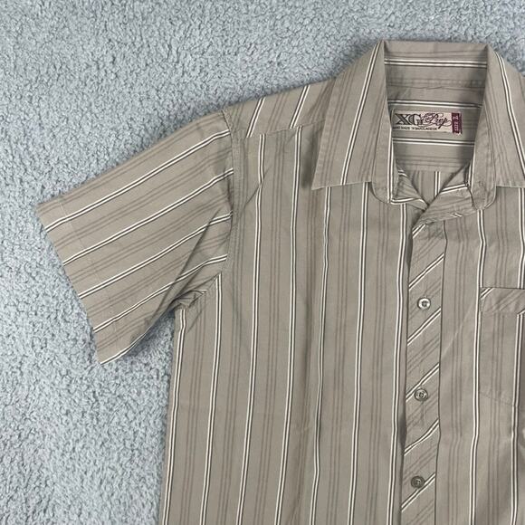 XG Prep Men's Large Brown Striped Crest Short Sleeve Button Up Shirt - Picture 5 of 16